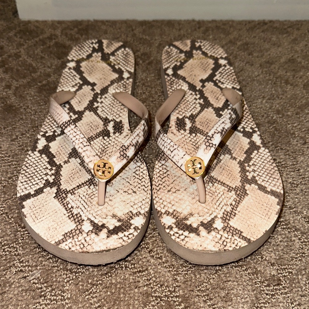 Tory Burch Snake Print Sandals - Beige and Brown